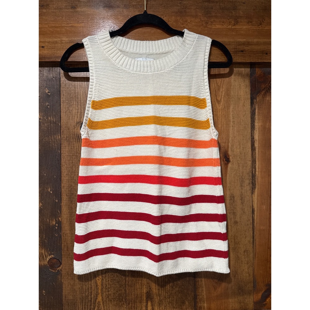 Lucky Brand Womens Striped Knit Sleeveless Sweater Vest Cotton Cream Red M